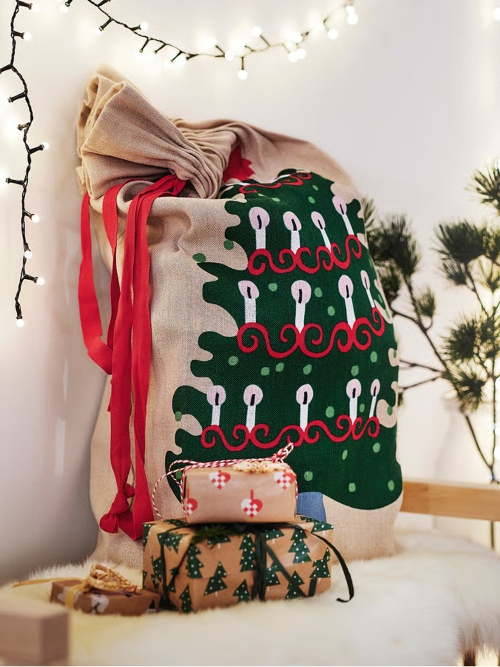 Festive Green Christmas Tree Canvas Drawstring Tote with Red Accents